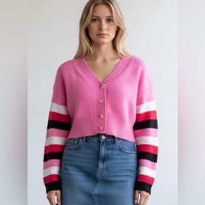 Daisy Cropped Cardigan Multicolored V Neck Button Sweater- Long Sleeves (Size L)